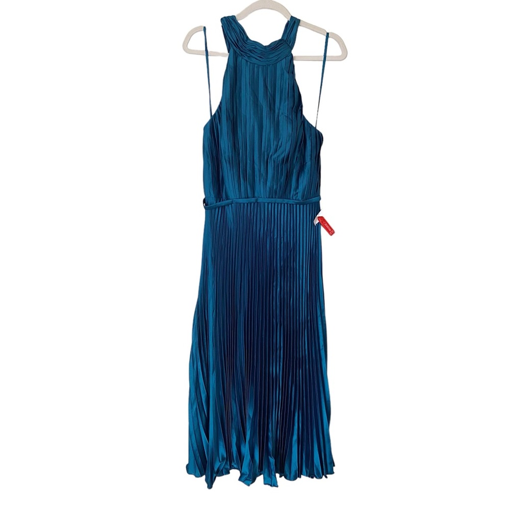 Ieena Mac Duggal Teal Satin Halter Neck Bow Pleated Sleeveless Midi Dress Size 8 - Picture 2 of 7
